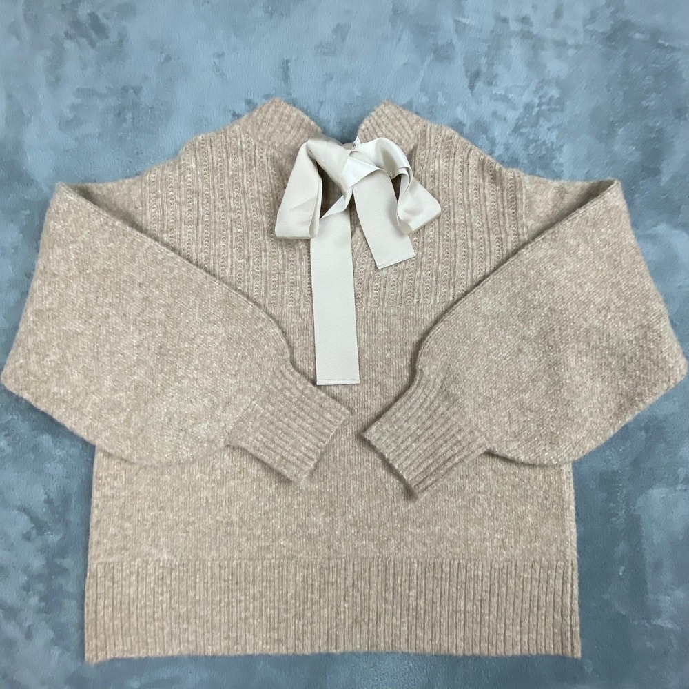 The Good Friends Women Sweater L Beige Wool Blend Back Tie Ribbon Balloon Sleeve - Picture 6 of 12